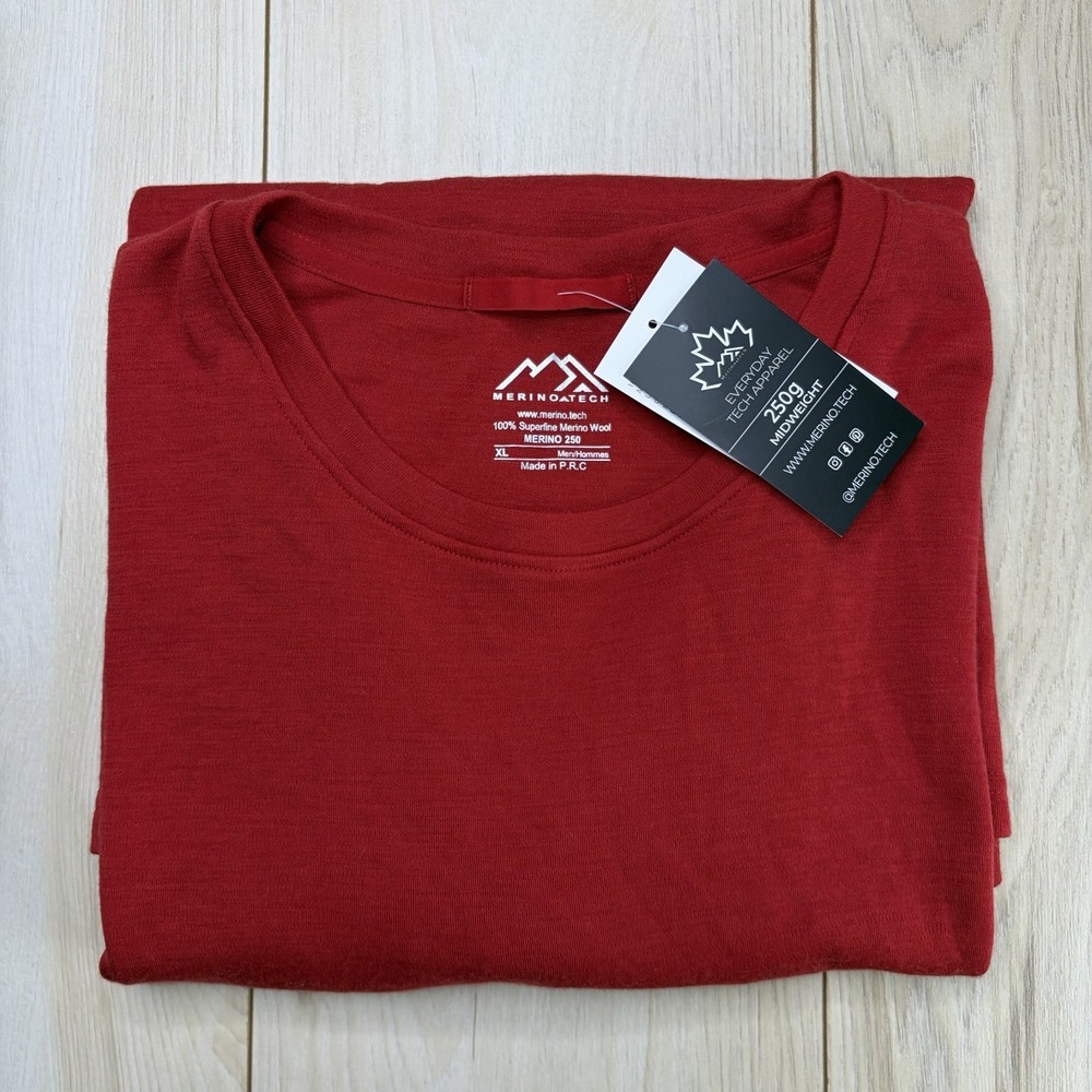 NEW Merino Tech Mens XL 250g Fine Merino Wool Midweight Shirt Long Sleeve Red